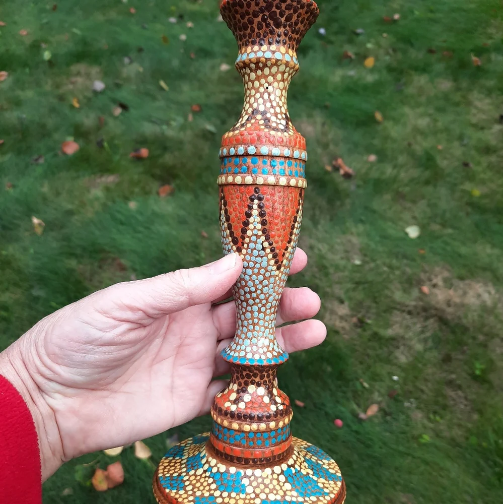 ONE handpainted vtg wood candle holder dot art upcycled